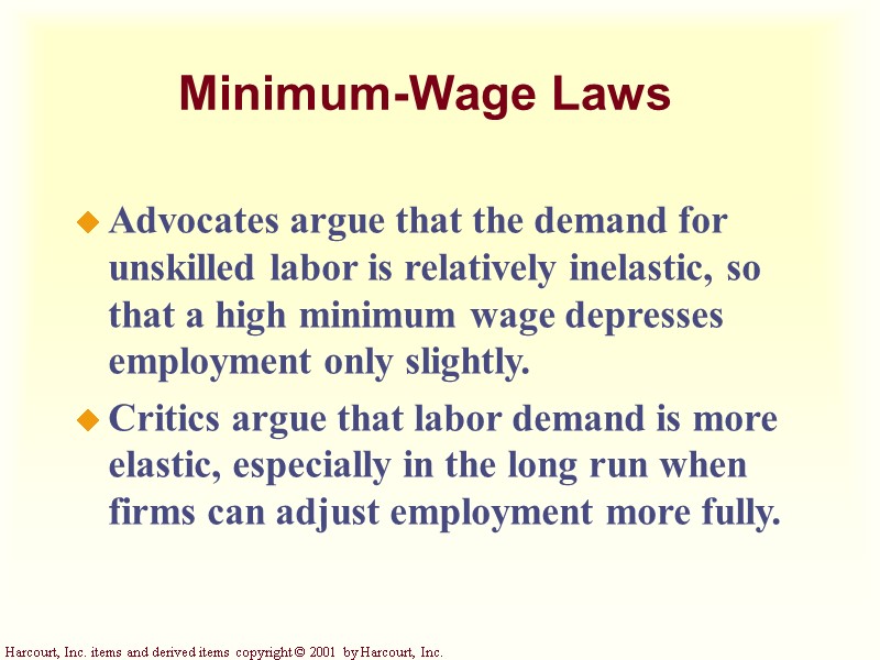 Minimum-Wage Laws Advocates argue that the demand for unskilled labor is relatively inelastic, so